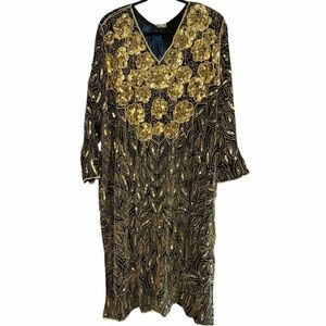 Vintage Black Gold Beaded Silk Dress Indian Embellished Midi M
